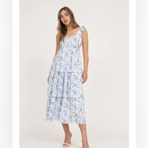 189 - Floral Tie Strap Ruffle Blue and White Tiered Midi Dress